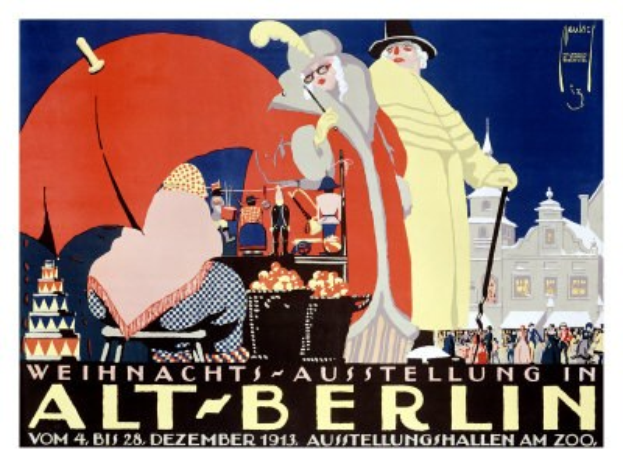 Plakat zur Weihnachtsausstellung in Alt-Berlin mit leuchtenden Illustrationen von Menschen, Gebäuden und Gegenständen und dem Text "Weihnachts Ausstellung in Alt-Berlin" oben.