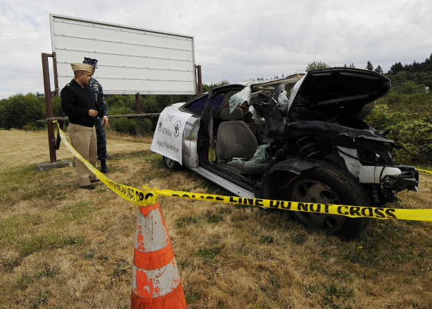 Polizeibeamter in Uniform inspiziert ein schwer beschädigtes Auto am Straßenrand mit eingedellter Motorhaube und zersplitterten Fenstern neben einem Verkehrskegel und einem markierten Pfosten, mit Bäumen und einem bewölkten Himmel im Hintergrund.