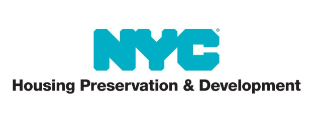 Weißer Hintergrund mit zentriertem fetten schwarzen Text "NYC Housing Preservation & Development" in einer modernen Schriftart, umgeben von einem dünnen schwarzen Rand.