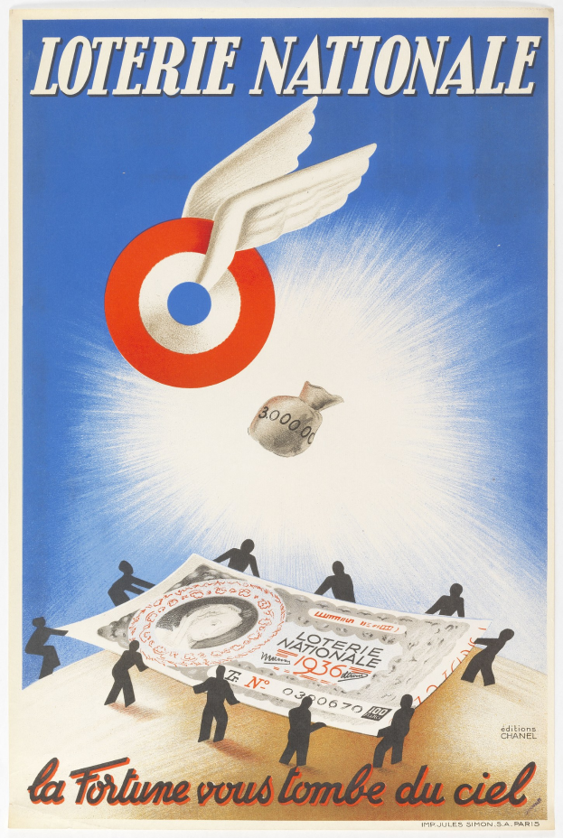 Plakat für eine nationale Lotterie mit einer Illustration eines Vogels, der über einen Geldstapel fliegt, und Text, der die Lotterie und ihre Vorteile ankündigt.