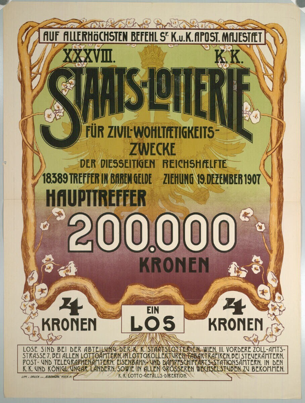 Ein Plakat an einer Gebäudewand, das eine Lotterie mit Text und Zahlen ankündigt und ein großes Bild von Geld zeigt.