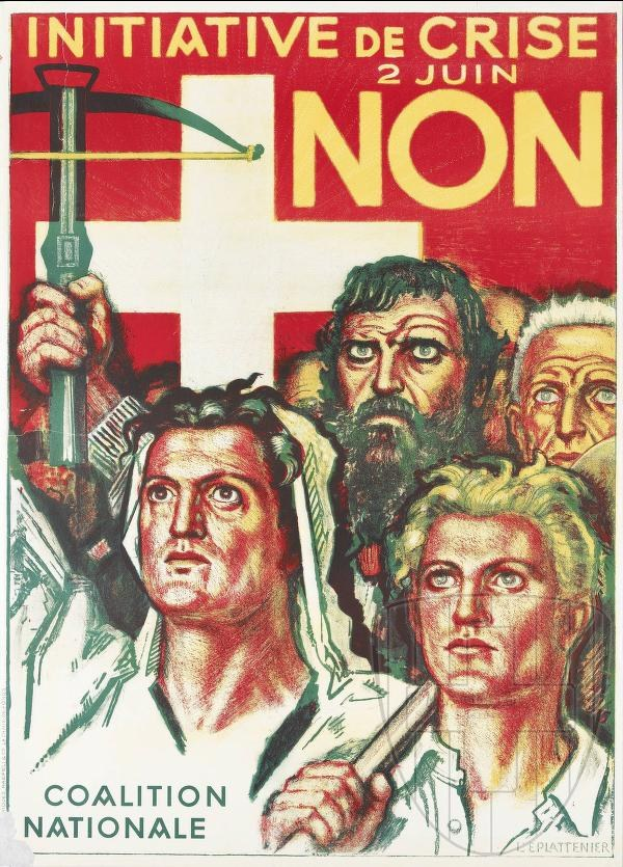 Plakat für die Coalition Nationale, eine Initiative de crise non, das eine Gruppe von Menschen mit einem Hammer und Sichel zeigt und Textinformationen über die Organisation enthält.