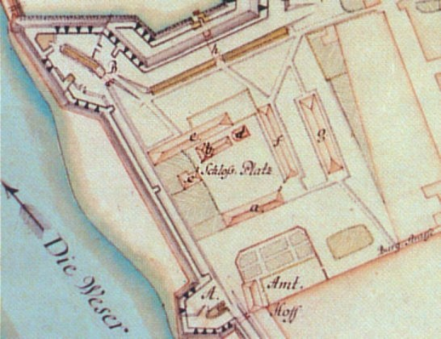 Detailierte alte Stadtkarte, die Gebäude, Straßen und ein Haus zeigt.