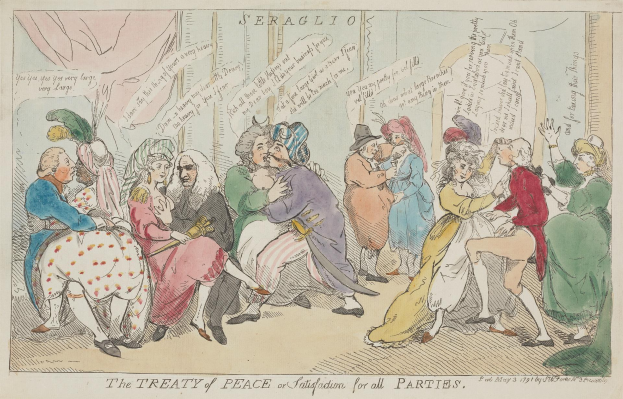 Ein Blatt Papier mit einer Zeichnung einer Gruppe von Menschen, einige sitzen und einige stehen, mit dem Text "Der Friedensvertrag für alle Parteien."