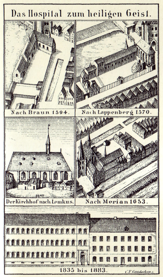 Eine detaillierte Plakatillustration eines deutschen Krankenhauses mit Gebäuden, Fenstern, Türen, Balkonen und begleitendem informativen Text.