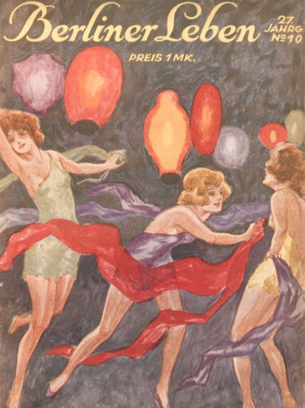 Ein Magazin-Cover mit einem Bild von drei Frauen in bunten Kleidern, die mit ausgestreckten Armen tanzen, umgeben von farbigen Ballons, mit dem Text "Berliner Leben"