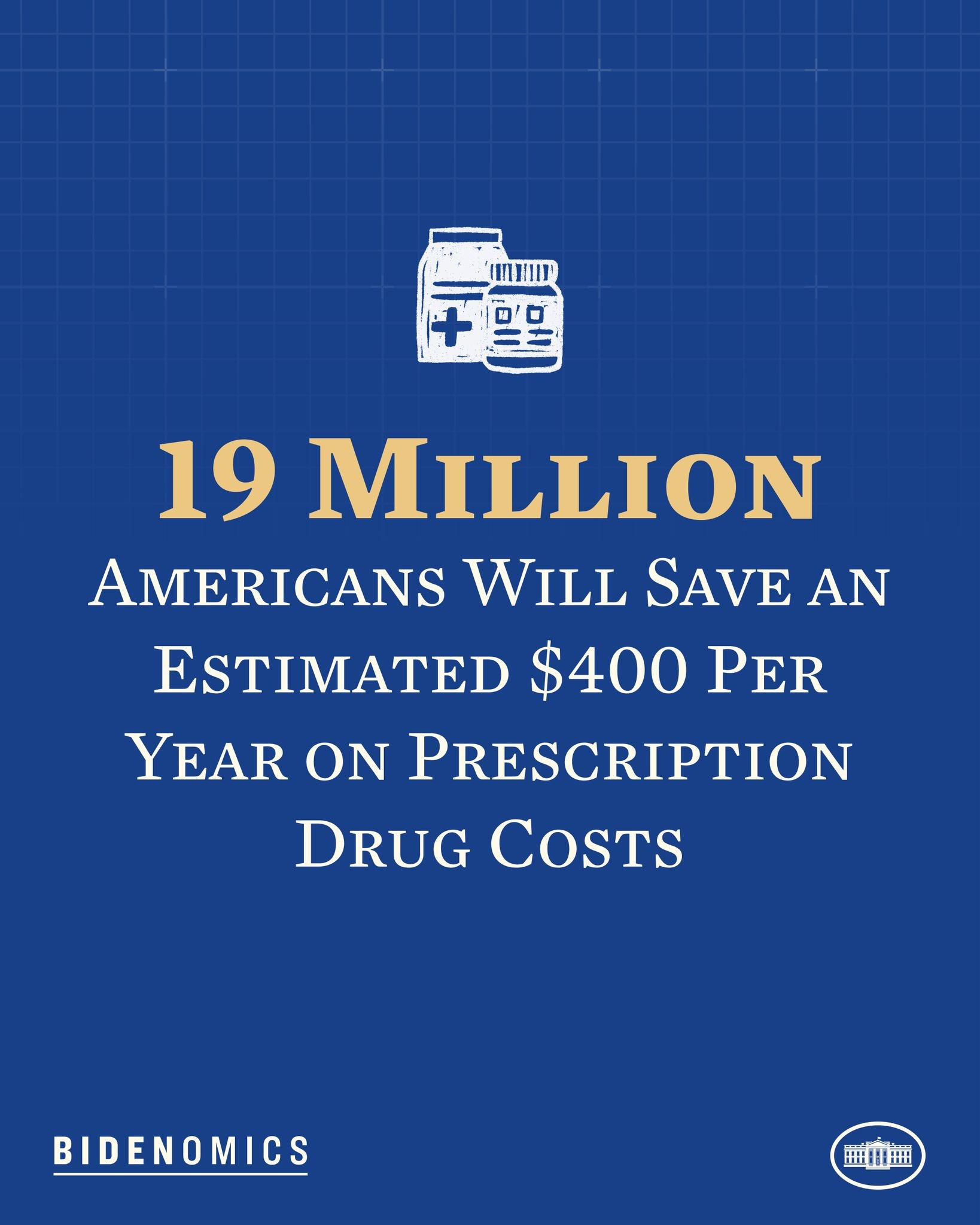 Blauer Hintergrund mit weisser Schrift und Logo, das '19 Millionen Amerikaner werden geschätzt 400 USD pro Jahr an Arzneimittelkosten sparen' angibt.