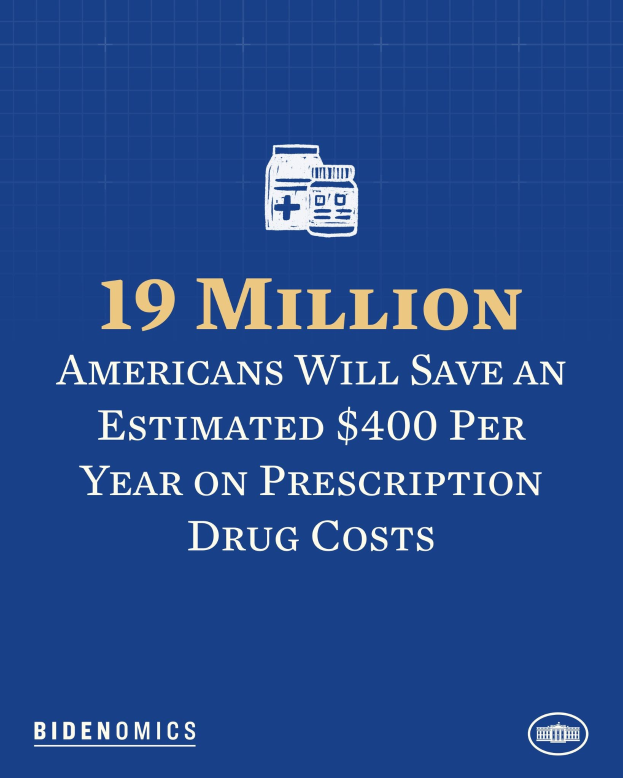 Blauer Hintergrund mit weisser Schrift und Logo, das '19 Millionen Amerikaner werden geschätzt 400 USD pro Jahr an Arzneimittelkosten sparen' angibt.