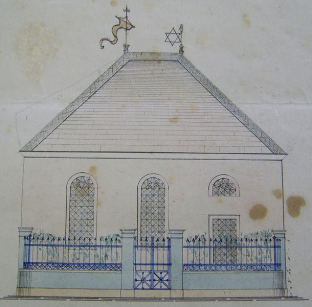 Eine Zeichnung eines Gebäudes mit einem Zaun, einem Stern oben, Fenstern und einem Geländer, mit Text unten, der mutmaßlich eine Synagoge in Jerusalem darstellt.
