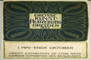Plakat für die Große Kunstausstellung an der Grand Exposition des Beaux-Arts in Dresden, Deutschland im Jahr 1904 mit markanter Schrift, die die Ausstellung ankündigt.