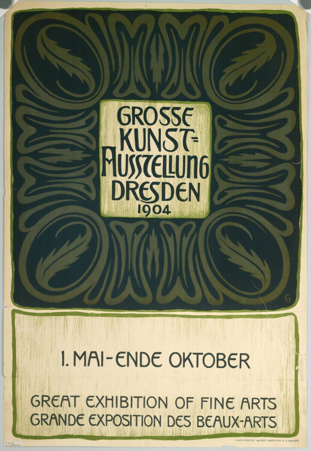 Plakat für die Große Kunstausstellung an der Grand Exposition des Beaux-Arts in Dresden, Deutschland im Jahr 1904 mit markanter Schrift, die die Ausstellung ankündigt.