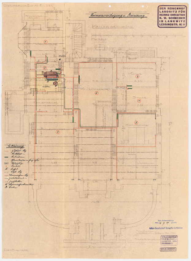 Schwarze-weißer Architekturentwurf des Rosenhof-Krankenhauses in Hamburg, Deutschland, der detaillierte Layout mit zahlreichen Drähten zeigt, die elektrische oder strukturelle Pläne darstellen, sowie begleitenden handschriftlichen Text.