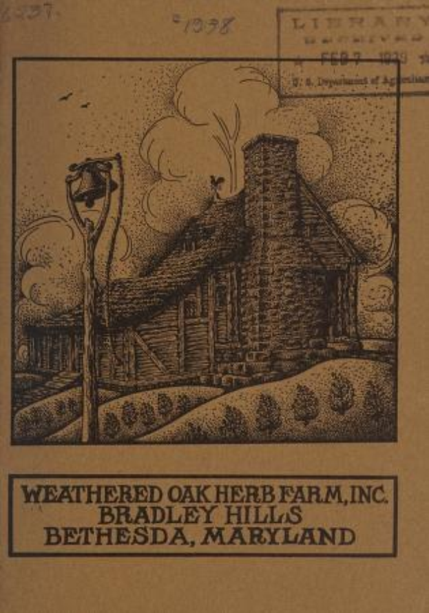 Schwarze-weiß-Illustration eines alten Buches mit einer verwitterten Eichenkrautfarm in Bradley Hills, Bethesda, Maryland, mit einem Haus umgeben von grünem Gras und Vögeln am Himmel, und dem Text "Weathered Oak Herb Farm, Inc."