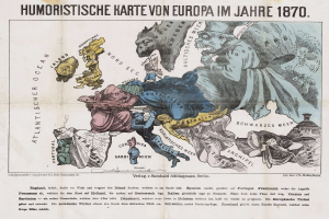 Ein Plakat mit der Aufschrift "Humoristische Karte von Europa im Jahre 1870" zeigt eine Karte von Europa umgeben von Cartoon-Bildern.