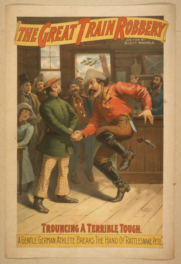 Plakat für "The Great Train Robbery" zeigt eine Gruppe von Menschen, wobei einer eine Waffe hält, ein Fenster und eine Wand im Hintergrund und Text, der "The Great Train Robbery - Trouching a Terrible Tough" an der Ober- und Unterseite lautet.