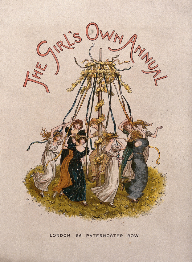 Eine Schwarz-Weiß-Illustration aus dem 'Girl's Own Annual', die eine Gruppe von Menschen in bunten Kleidern zeigt, die um einen geschmückten Maibaum tanzen.