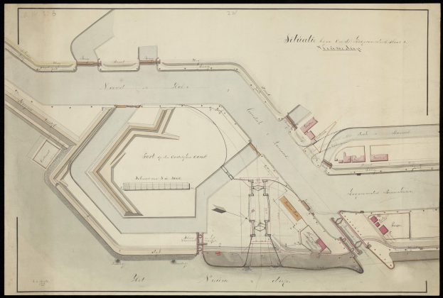 Eine handgezeichnete Stadtplan mit zahlreichen Gebäuden, darunter ein detaillierter Lageplan für einen neuen Bau.