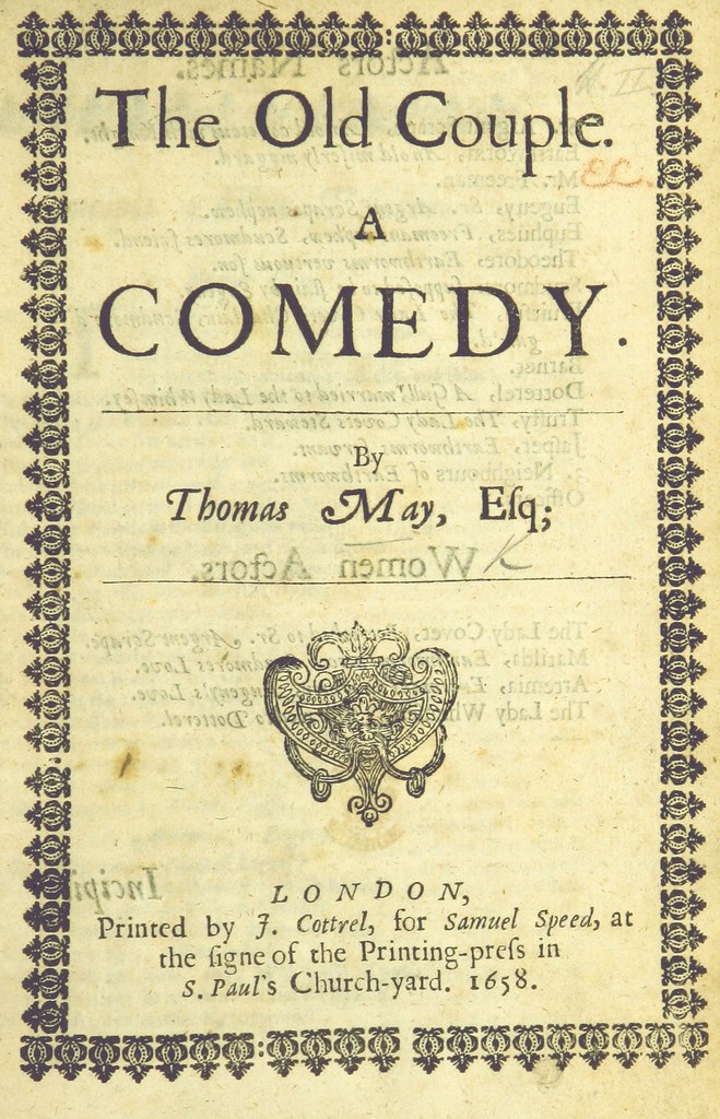 Deckblatt eines alten Buches mit dem Titel "The Old Couple: A Comedy" mit einem Logo auf der Titelseite.