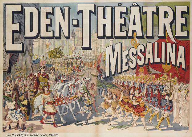 Plakat für das Eden-Theater in Messalina, Frankreich, das eine Gruppe von Menschen mit Musikinstrumenten, Pferden, Gebäuden und Text zeigt.