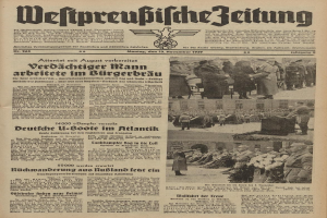 Schwarze Titelseite einer deutschen Zeitung vom 13. November 1939, betitelt "Weitpreubliche Zeitung", mit einer Gruppe von Menschen in traditioneller deutscher Tracht in einer feierlichen Szene.
