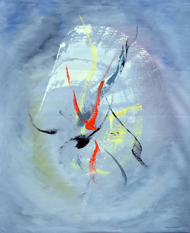 Abstrakte Malerei mit Acryl auf Leinwand mit blauem Hintergrund, roten und gelben Akzenten und Grautönen.