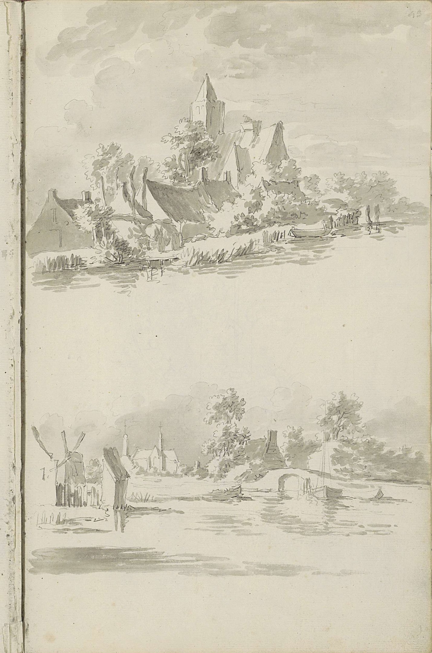 Ein aufgeschlagenes Buch mit einer Landschaftsillustration, die ein Schloss, Bäume, Häuser, einen See und bewölkte Himmel zeigt.