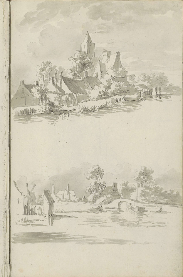 Ein aufgeschlagenes Buch mit einer Landschaftsillustration, die ein Schloss, Bäume, Häuser, einen See und bewölkte Himmel zeigt.