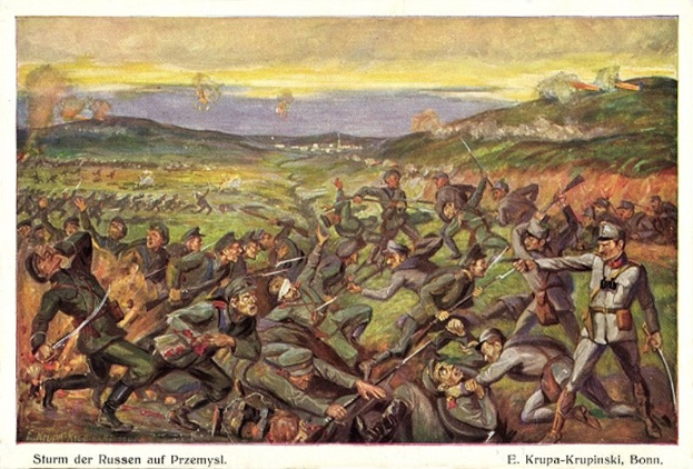 Gemälde zeigt Soldaten in Militäruniformen bei einer Schlacht, mit dem Text "Sturm der Russen auf Przemysl" unten.