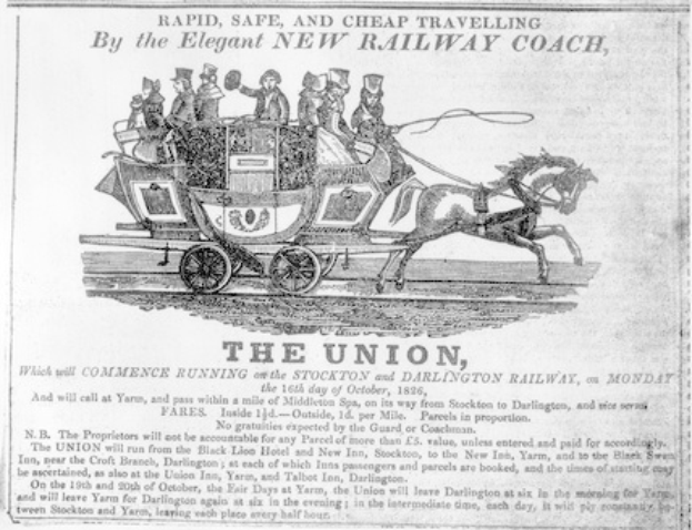 Schwarze und weiße Zeitungsanzeige für die Union, die eine Kutsche mit einer Gruppe von Menschen zeigt.