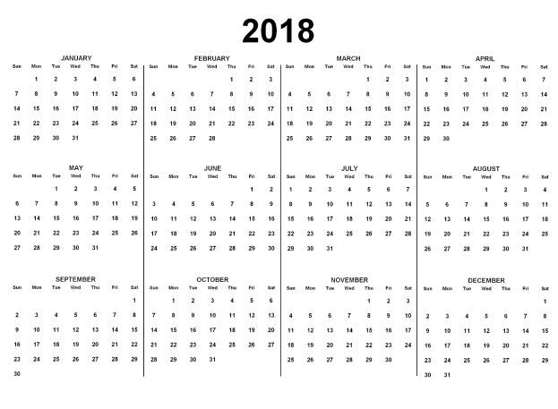 Schwarz-weißer 2018 Kalender mit fetten schwarzen US-Feiertagen auf einem weißen Hintergrund, die Tage sind in wöchentlichen Reihen angeordnet.