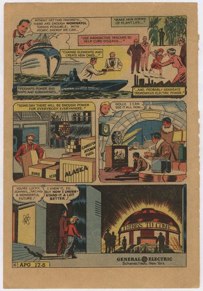 Comic-Seite mit einem Mann in einem blauen Anzug mit weißem Hemd und roter Krawatte und einer Frau in einem weißen Kleid mit blauer Schürze und Schürze vor einem hellblauen Himmel mit weißen Wolken.