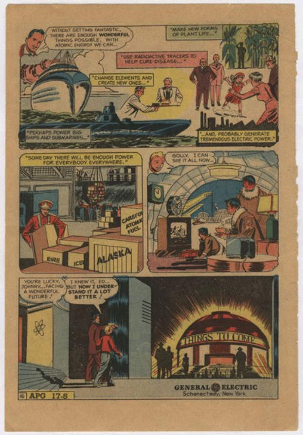 Comic-Seite mit einem Mann in einem blauen Anzug mit weißem Hemd und roter Krawatte und einer Frau in einem weißen Kleid mit blauer Schürze und Schürze vor einem hellblauen Himmel mit weißen Wolken.