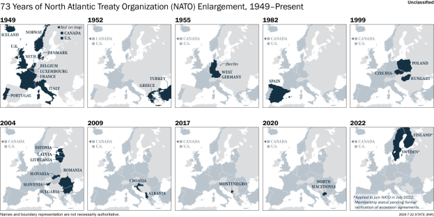 Zeitleiste, die die NATO-Erweiterung von 1949 bis heute zeigt, mit Regionen, die farblich nach Mitgliedschaftsjahr unterteilt sind.
