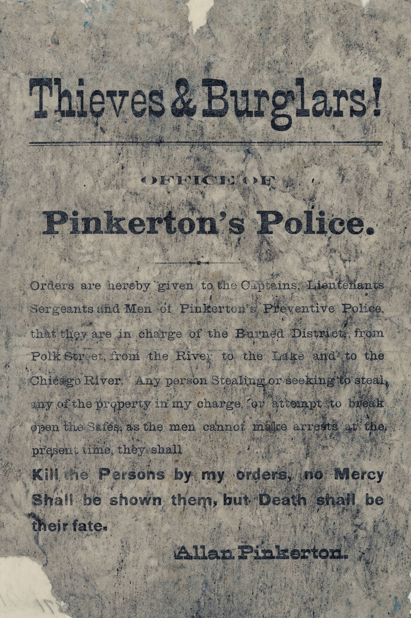Plakat mit fetter schwarzer Schrift "Diebe & Einbrecher Pinkerton's Polizei" auf einem weißen Hintergrund, eingerahmt von einem schmalen schwarzen Rand.