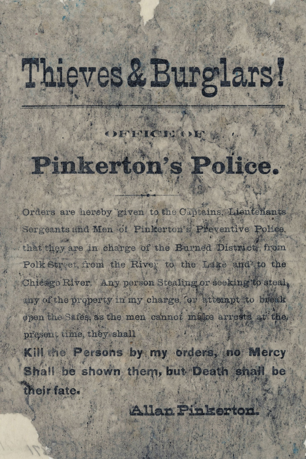 Plakat mit fetter schwarzer Schrift "Diebe & Einbrecher Pinkerton's Polizei" auf einem weißen Hintergrund, eingerahmt von einem schmalen schwarzen Rand.