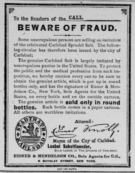 Schwarzer und weißer Plakatwarnhinweis mit Text "Carlsbad Spruud Salt" und zughörigem Logo.