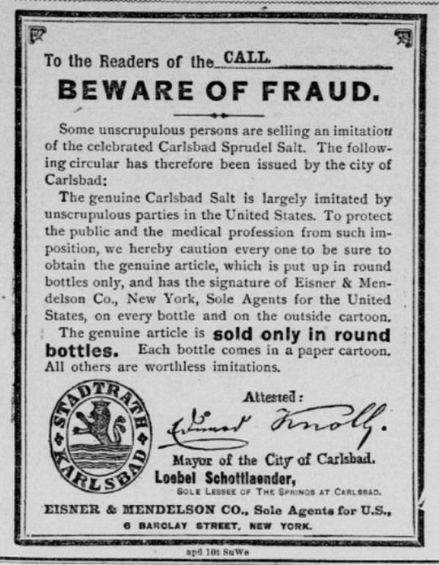 Schwarzer und weißer Plakatwarnhinweis mit Text "Carlsbad Spruud Salt" und zughörigem Logo.