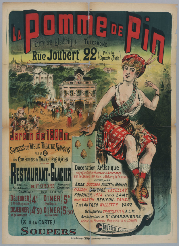 Plakat, das eine "pomme de pin"-Veranstaltung in Paris ankündigt, mit einer Frau in einem Kilt umgeben von Menschen, Bäumen und Gebäuden mit Text.