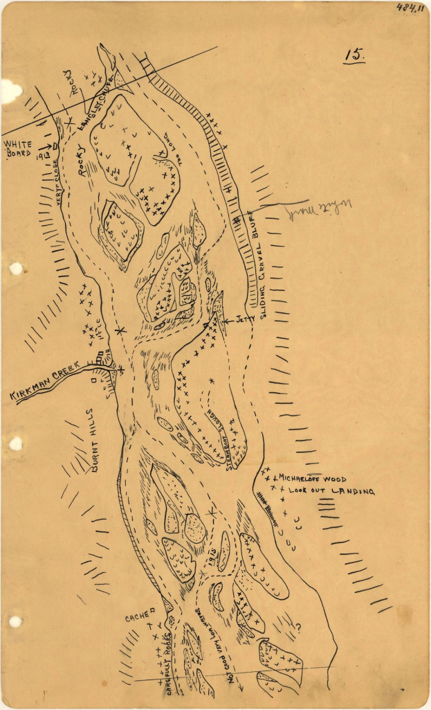 Detailreiche alte Stadtkarte auf altem Papier mit handgeschriebenen Texten, die Straßen, Gebäude, Parks und Sehenswürdigkeiten benennen.