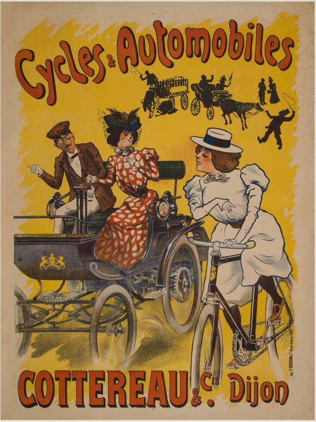 Plakat, das Fahrräder und Automobile in Cottereau und Dijon, Frankreich, zeigt, mit Menschen, die Fahrräder fahren und einer Kutsche, und der Text "Fahrräder und Automobile" oben.