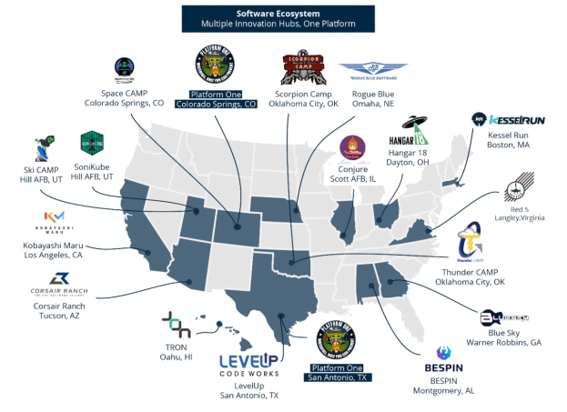 Eine Karte der Vereinigten Staaten, auf der Unternehmenslogos und Text die Standorte von Software-Ökosystem-Geschäften angeben.