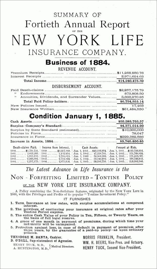 Schwarzes und weißes Papier mit der Aufschrift "New York Life Insurance Company, Geschäft von 1884", das den Jahresbericht von 1884 zusammenfasst.