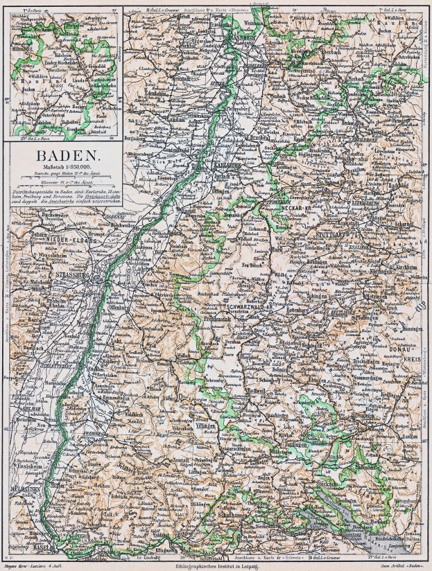 Ein detaillierter alter Stadtplan von Baden-Württemberg, Deutschland, der Straßen, Städte und geografische Merkmale zeigt, mit Text oben und unten.