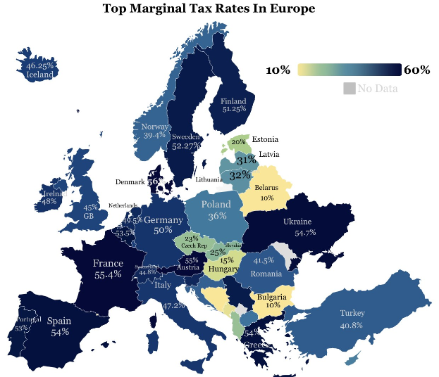 Eine Europakarte mit Farben, die die Spitzensteuersätze in jedem Land anzeigen, mit der Überschrift "Spitzensteuersätze in Europa".
