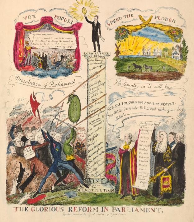 Eine bunte Papierillustration mit dem Titel "Die glorreiche Reform im Parlament", die mutige Texte und verschiedene, strahlende Menschen zeigt und somit Hoffnung und Fortschritt symbolisiert.