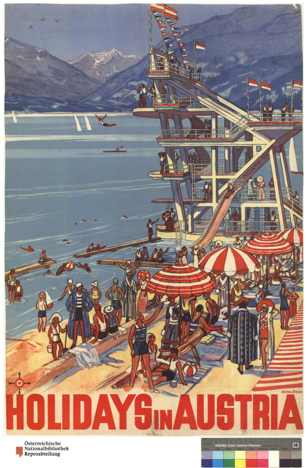 Werbeposter für Österreich-Urlaub mit Menschen am Strand mit Schirmen, einem Schiff, Fahnen und entfernten Bergen.