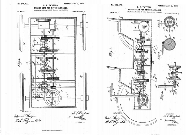 Schwarz-weiß-Zeichnung einer Patentanmeldung für ein frühes Automobildesign mit miteinander verbundenen Zahnrädern und mechanischen Bauteilen auf weißem Papier mit handgeschriebenen Textanmerkungen.