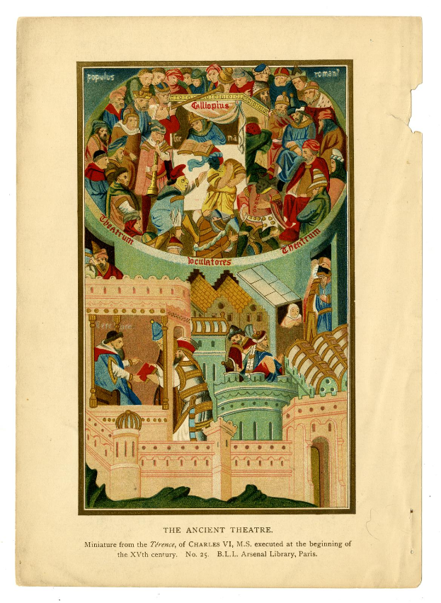 Ein altes Buch mit einer Abbildung einer Gruppe von Menschen in einem Theater mit einem Gebäude im Hintergrund und einem Text unten, der 'Das Alte Theater' lautet.