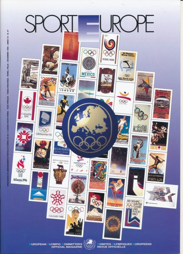 Ein Buchumschlag mit dem Titel "Sport in Europa" in leuchtenden Farben und detailreichen Designs, der verschiedene olympische Symbole und verwandte Bilder zeigt.