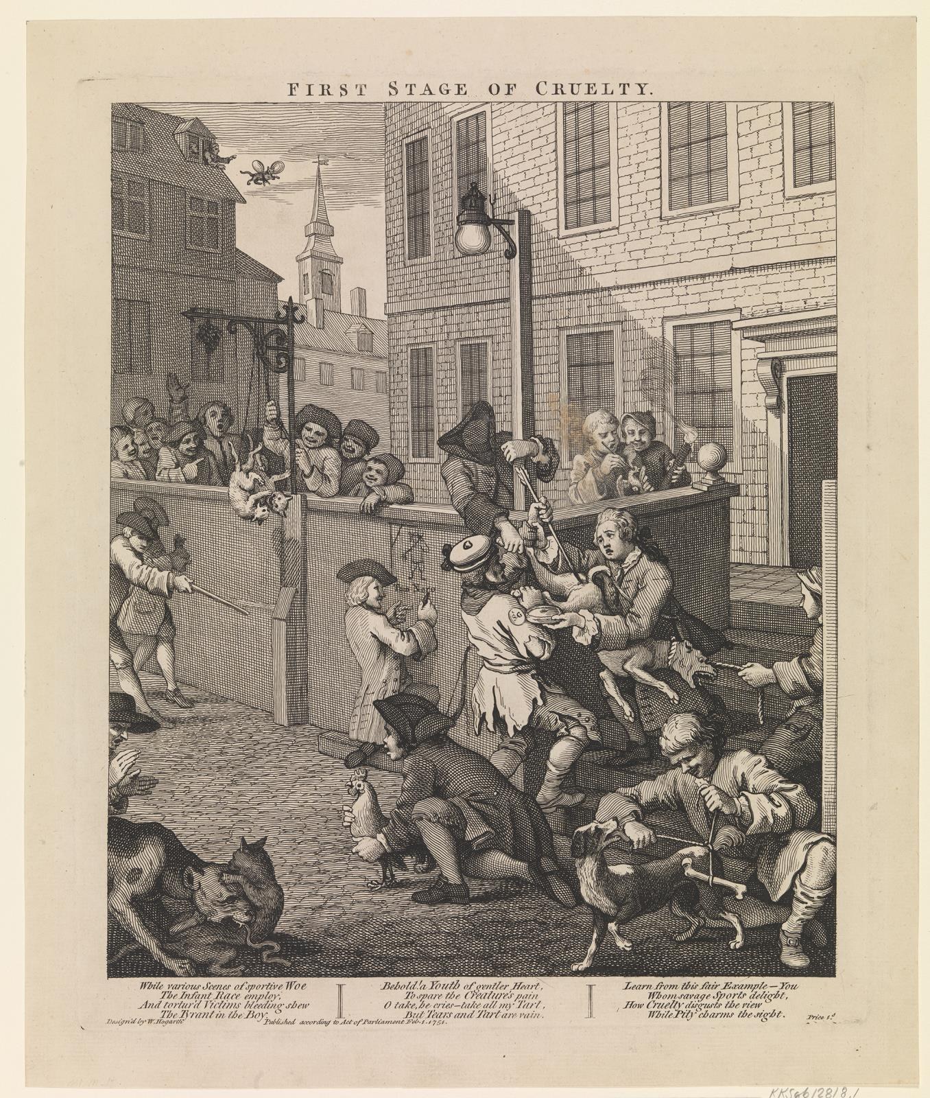 Eine Gruppe von Menschen und Tieren versammelt sich vor einem Gebäude mit Fenstern und einer Laterne, mit einem Himmel im Hintergrund und dem Text "Erste Stufe der Grausamkeit" unten.